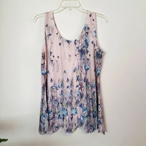 Beautiful beige with blue and purple floral design, scalloped hem, longline tank